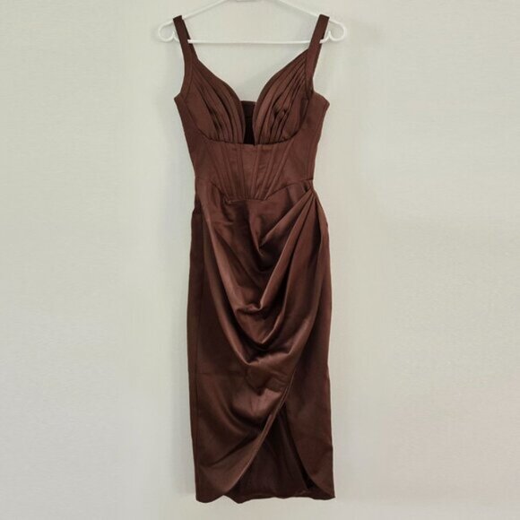 House of CB Faye Chocolate Satin Corset Dress XS b66E - Picture 2 of 14